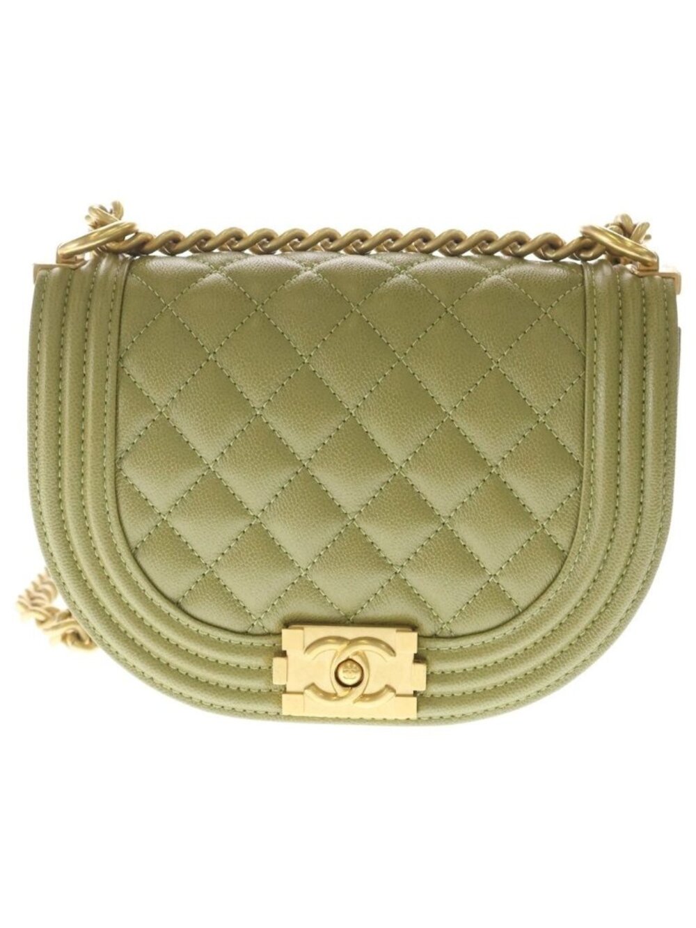Chanel Boy Quilted Caviar Leather Gold Chain Shoulder Bag Plate Khaki